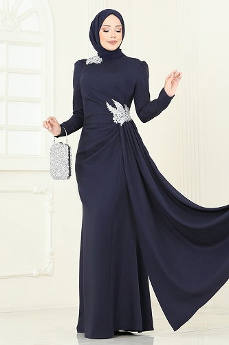moda selvim Evening Dress ASM2810 Silver&Navy - Thumbnail