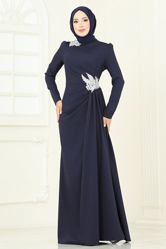 moda selvim Evening Dress ASM2810 Silver&Navy - Thumbnail