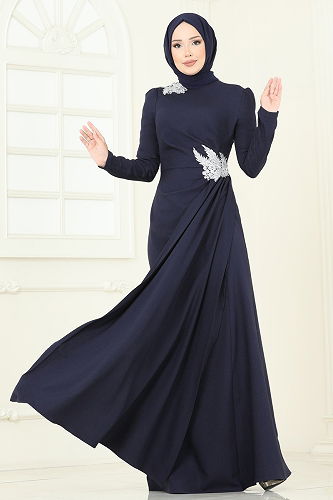 moda selvim Evening Dress ASM2810 Silver&Navy - Thumbnail