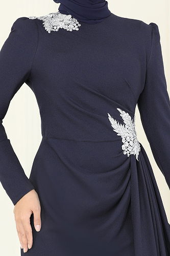 moda selvim Evening Dress ASM2810 Silver&Navy - Thumbnail