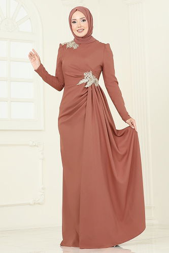 moda selvim فستان سهرة عسلي ASM2810 - Thumbnail