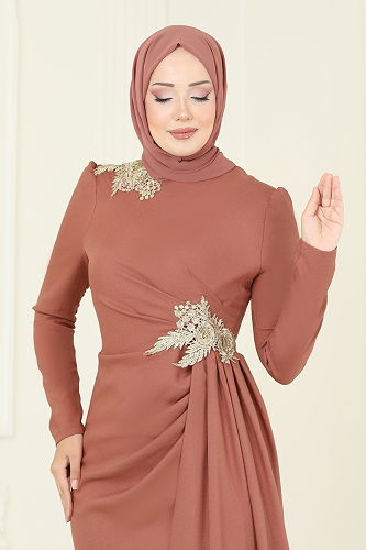 moda selvim فستان سهرة عسلي ASM2810 - Thumbnail