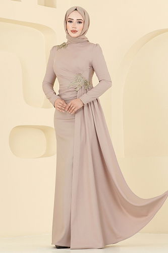 moda selvim فستان سهرة بيج ASM2810 - Thumbnail
