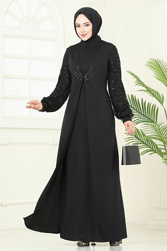 moda selvim فستان سهرة أسود ASM2811 - Thumbnail