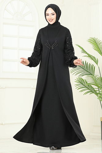 moda selvim فستان سهرة أسود ASM2811 - Thumbnail