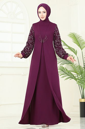 moda selvim Evening Dress ASM2811 Damson - Thumbnail