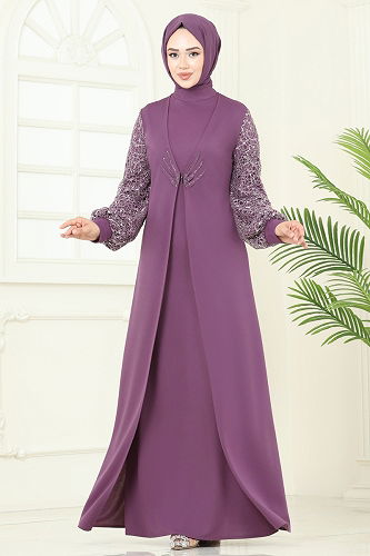 moda selvim Evening Dress ASM2811 Dark Lilac - Thumbnail