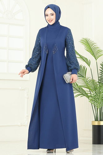 moda selvim Evening Dress ASM2811 Indigo - Thumbnail
