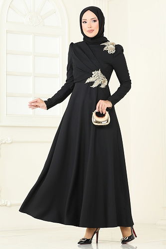 moda selvim فستان سهرة أسود ASM2812 - Thumbnail