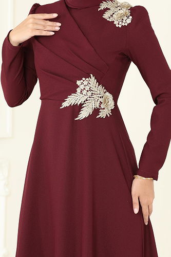 moda selvim فستان سهرة خمري ASM2812 - Thumbnail