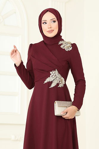 moda selvim فستان سهرة خمري ASM2812 - Thumbnail