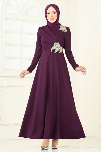 moda selvim Evening Dress ASM2812 Damson - Thumbnail