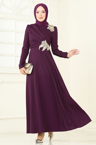 moda selvim Evening Dress ASM2812 Damson - Thumbnail
