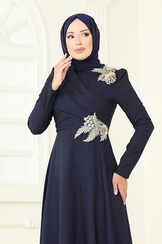 moda selvim Evening Dress ASM2812 Navy Blue - Thumbnail