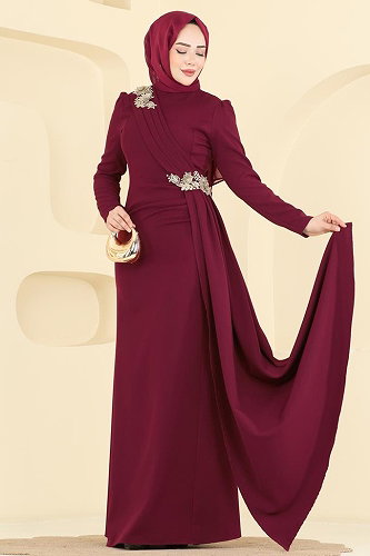 moda selvim Evening Dress ASM2825 Burgundy - Thumbnail