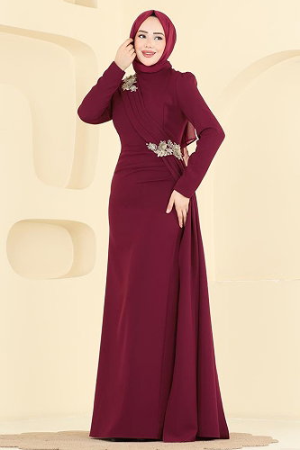 moda selvim فستان سهرة خمري ASM2825 - Thumbnail