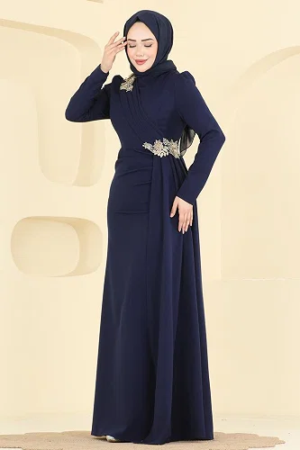 moda selvim Evening Dress ASM2825 Navy Blue - Thumbnail