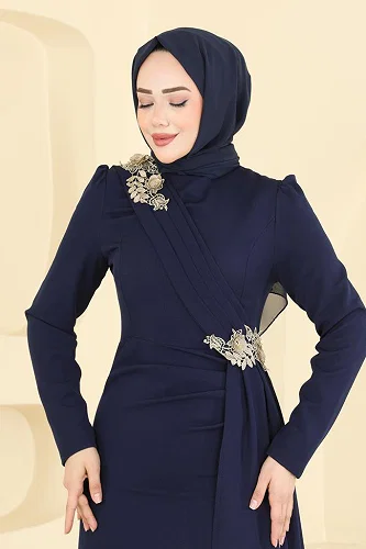 moda selvim Evening Dress ASM2825 Navy Blue - Thumbnail