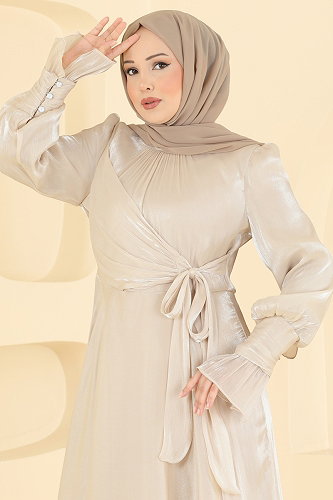 moda selvim فستان سهرة كريمي ASM2826 - Thumbnail