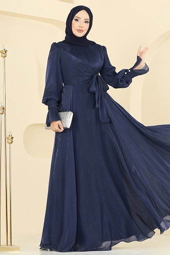 moda selvim فستان سهرة كحلي ASM2826 - Thumbnail