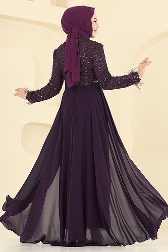 moda selvim Evening Dress ASM2830 Damson - Thumbnail