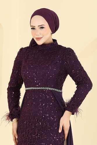 moda selvim Evening Dress ASM2830 Damson - Thumbnail