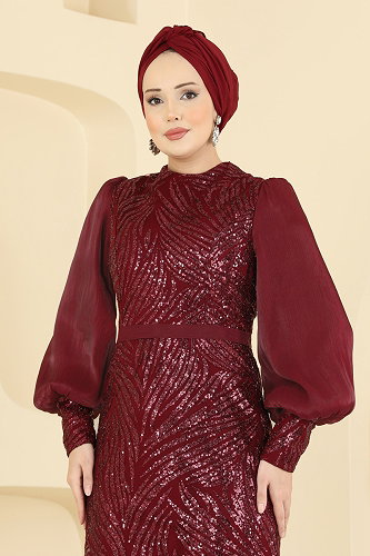 moda selvim فستان سهرة خمري ASM2854 - Thumbnail