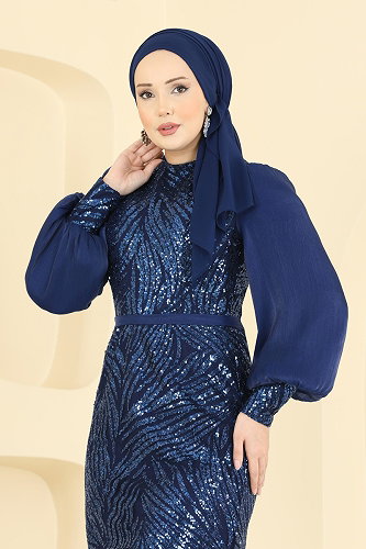 moda selvim فستان سهرة كحلي ASM2854 - Thumbnail