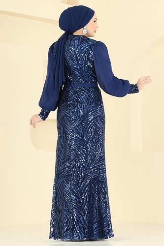 moda selvim فستان سهرة كحلي ASM2854 - Thumbnail
