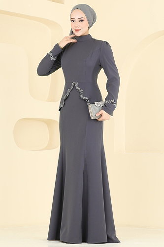 moda selvim Evening Dress ASM2863 Anthracite - Thumbnail