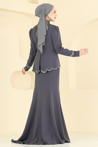 moda selvim فستان سهرة رمادي غامق ASM2863 - Thumbnail