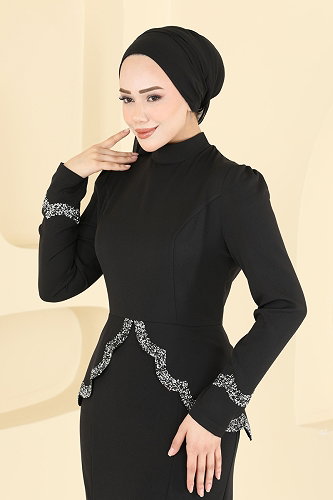 moda selvim فستان سهرة أسود ASM2863 - Thumbnail