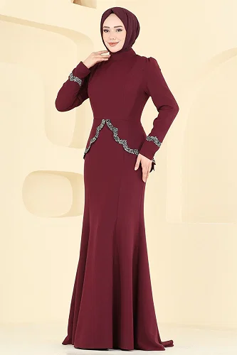 moda selvim Evening Dress ASM2863 Burgundy - Thumbnail
