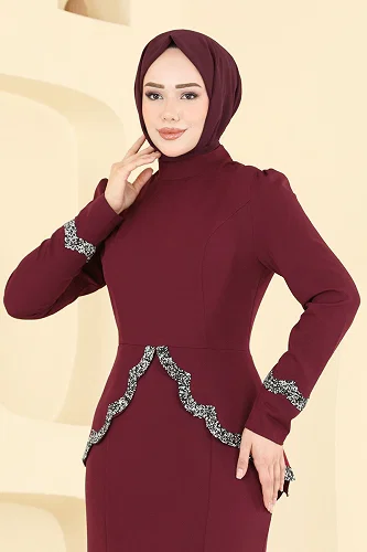 moda selvim Evening Dress ASM2863 Burgundy - Thumbnail