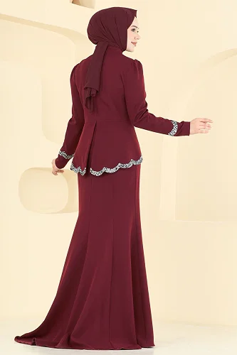 moda selvim Evening Dress ASM2863 Burgundy - Thumbnail