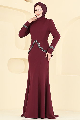 moda selvim فستان سهرة خمري ASM2863 - Thumbnail