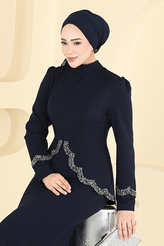 moda selvim Evening Dress ASM2863 Dark Navy Blue - Thumbnail