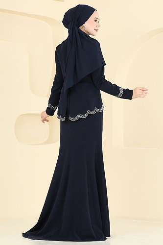 moda selvim Evening Dress ASM2863 Dark Navy Blue - Thumbnail