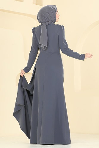 moda selvim فستان سهرة رمادي غامق ASM2864 - Thumbnail