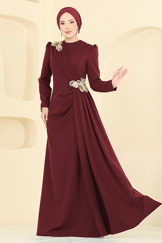 moda selvim فستان سهرة خمري ASM2864 - Thumbnail