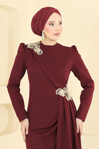 moda selvim فستان سهرة خمري ASM2864 - Thumbnail