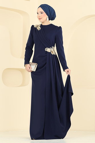 moda selvim Evening Dress ASM2864 Navy Blue - Thumbnail