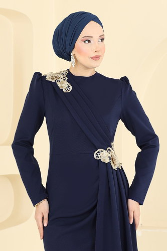 moda selvim Evening Dress ASM2864 Navy Blue - Thumbnail