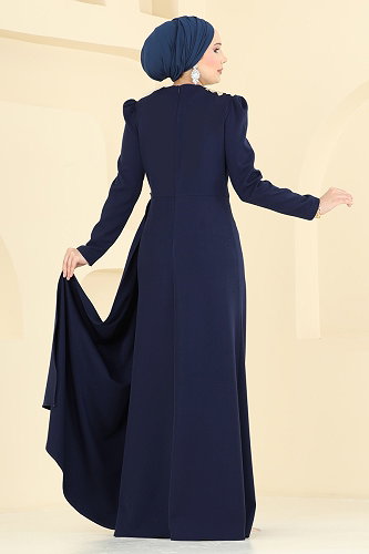 moda selvim فستان سهرة كحلي ASM2864 - Thumbnail
