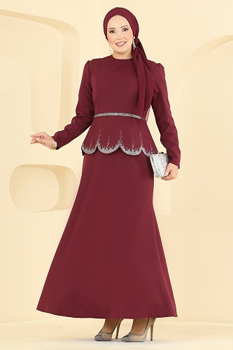 moda selvim Evening Dress ASM2865 Burgundy - Thumbnail
