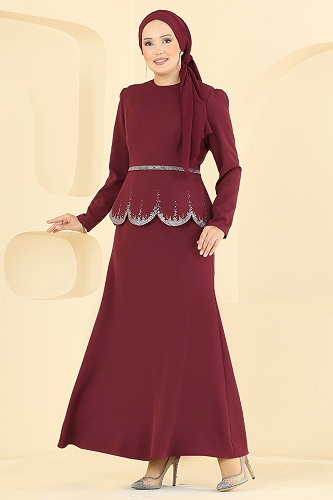 moda selvim Evening Dress ASM2865 Burgundy - Thumbnail