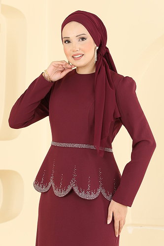 moda selvim Evening Dress ASM2865 Burgundy - Thumbnail