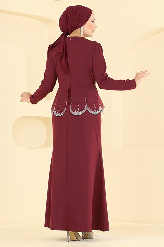 moda selvim Evening Dress ASM2865 Burgundy - Thumbnail