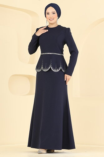 moda selvim فستان سهرة كحلي ASM2865 - Thumbnail