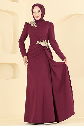 moda selvim Evening Dress ASM2866 Burgundy - Thumbnail
